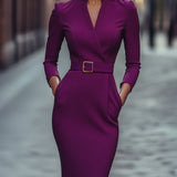 Nora | Verfeinertes Schwarzes Kleid mit Gürtel und Mandarin-Kragen