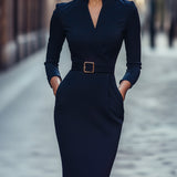 Nora | Verfeinertes Schwarzes Kleid mit Gürtel und Mandarin-Kragen