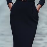 Nora | Verfeinertes Schwarzes Kleid mit Gürtel und Mandarin-Kragen