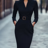 Nora | Verfeinertes Schwarzes Kleid mit Gürtel und Mandarin-Kragen